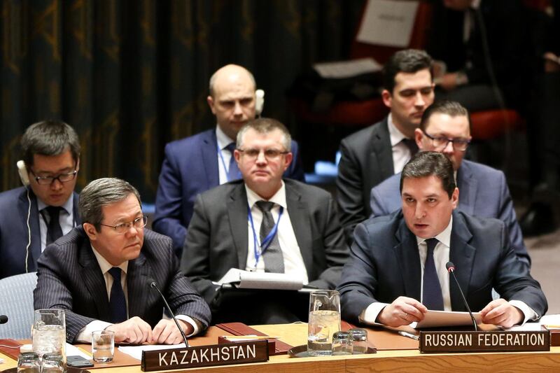 Russia's Deputy Permanent Representative to the United Nations Vladimir Safronkov (R) attends the United Nations Security Council session on imposing new sanctions on North Korea, in New York, U.S., December 22, 2017. REUTERS/Amr Alfiky