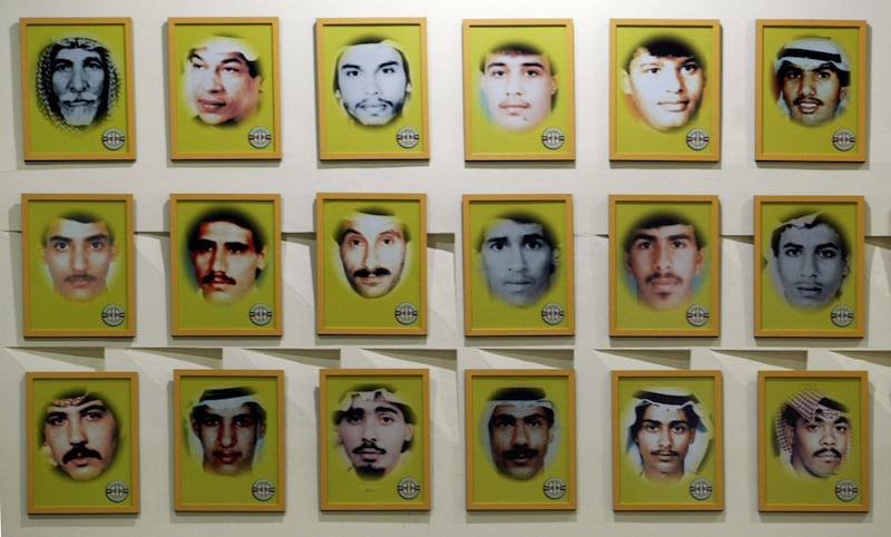 Portraits of some of over 600 missing internees believed to be held in
Iraq line the walls of a memorial in Kuwait City in a October 28, 2002
file photo. Iraq held talks on Wednesday for the first time in four
years with its Gulf War foes Kuwait and Saudi Arabia on the fate of
hundreds of people who went missing during the 1990-1991 conflict,
officials said. The International Committee of the Red Cross (ICRC)
said it was chairing the meeting in the Jordanian capital for the first
time since Iraq boycotted talks after a U.S.-British bombing campaign
in December 1998. REUTERS/Chris Helgren

CLH/