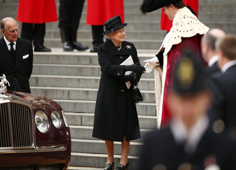 LONDON, ENGLAND - APRIL 17:  Queen Elizabeth II leaves the Ceremonial funeral of former British Prime Minister Baroness Thatcher at St Paul's Cathedral on April 17, 2013 in London, England. Dignitaries from around the world today join Queen Elizabeth II and Prince Philip, Duke of Edinburgh as the United Kingdom pays tribute to former Prime Minister Baroness Thatcher during a Ceremonial funeral with military honours at St Paul's Cathedral. Lady Thatcher, who died last week, was the first British female Prime Minister and served from 1979 to 1990  (Photo by Dan Kitwood/Getty Images) *** Local Caption ***  166798175.jpg