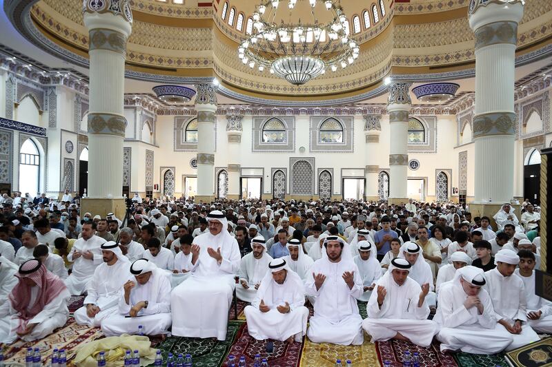 Morning prayers at Al Farooq Omar bin Al Khattab Mosque in Dubai. Pawan Singh / The National