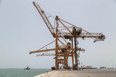 A container crane is seen at Saleef port in the western Red Sea Hodeida province. AFP