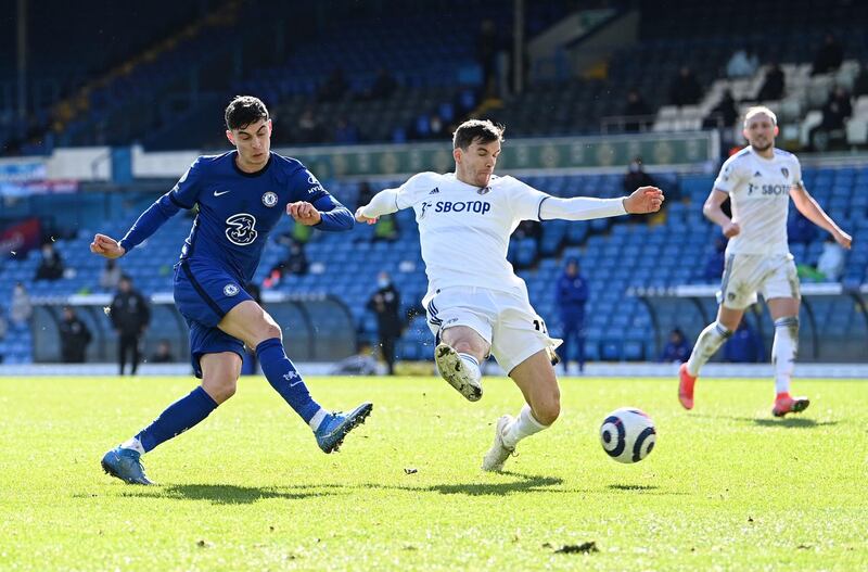 Chelsea's Kai Havertz shoots on goal during their goalless Premier League draw with Leeds United at Elland Road on March 13. PA