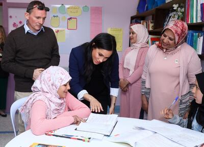 ASNI, MOROCCO - FEBRUARY 24:   Meghan, Duchess of Sussex meets young girls as she visits the "Education For All" boarding house for girls aged 12 to 18, with Prince Harry, Duke of Sussex on February 24, 2019 in Asni, Morocco. "Education For All" ensures that girls from rural communities in the High Atlas Mountain regions have access to secondary education.  ((Photo by Tim P. Whitby - Pool/Getty Images)