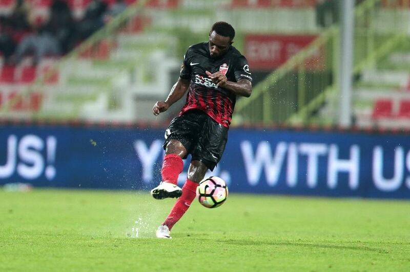 Al Ahli’s Ahmed Khalil scores against Emirates during their Arabian Gulf League football match at the Rashid Stadium in Dubai on September 17, 2016. Christopher Pike / The National