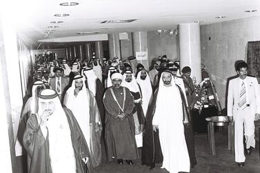 The first GCC meeting at the Intercontinental Hotel in Abu Dhabi on May 25, 1981. Pictured are Sheikh Zayed, Sultan Qaboos, King Khalid bin Abdulaziz and Sheikh Rashid bin Saeed Al Maktoum, Ruler of Dubai. Courtesy: Intercontinental Hotel Abu Dhabi