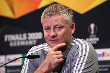 Handout photo dated 15/08/2020 provided by UEFA of Manchester United manager Ole Gunnar Solskjaer during the press conference at Stadion Koln, Cologne. PA Photo. Issue date: Saturday August 15, 2020. See PA story SOCCER Man Utd. Photo credit should read: UEFA Handout/PA Wire. NOTE TO EDITORS: This handout photo may only be used in for editorial reporting purposes for the contemporaneous illustration of events, things or the people in the image or facts mentioned in the caption. Reuse of the picture may require further permission from the copyright holder. Editorial use only. No commercial use.