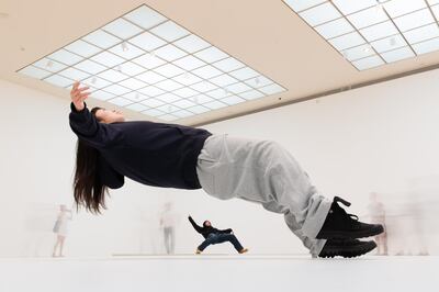 Seemingly gravity-defying art in Xu Zhen's In Just a Blink of an Eye, on view at the Museum of Contemporary Art (MOCA) in Los Angeles. Myles Pettengill