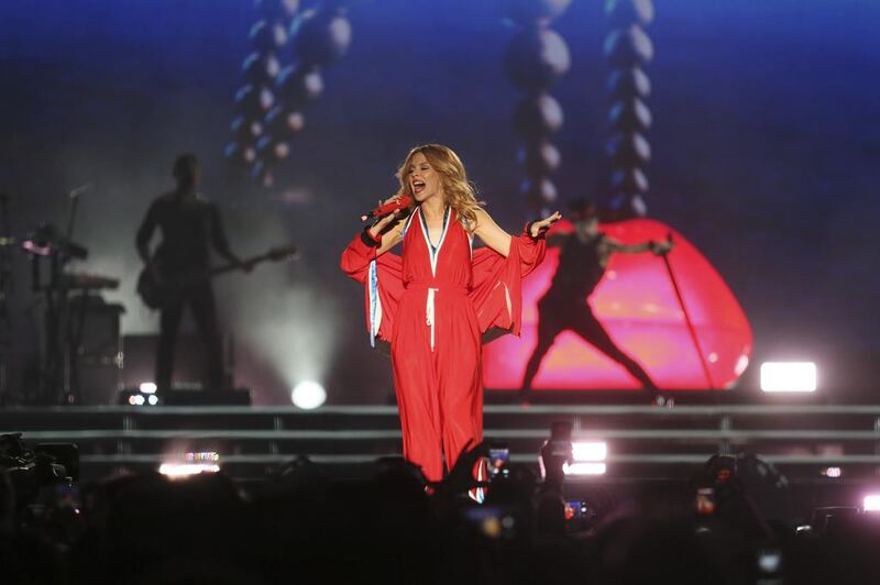 Kylie Minogue performs after the Dubai World Cup at Meydan Racecourse in Dubai, March 28, 2015. (Photo by: Sarah Dea/The National)