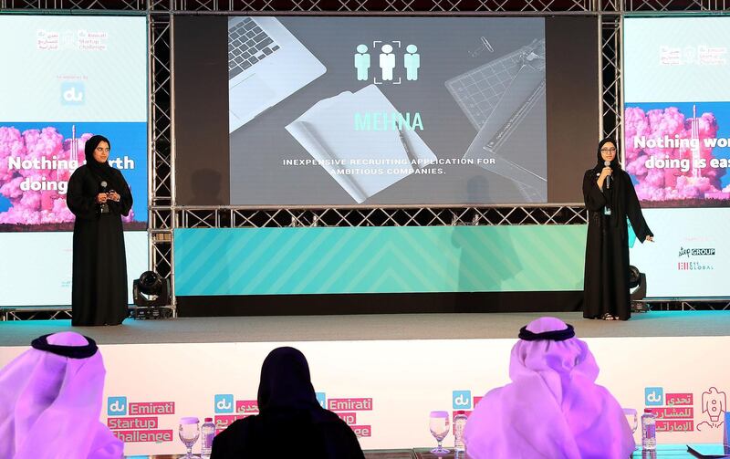 DUABI , UNITED ARAB EMIRATES , APRIL 30  – 2018 :- Left to Right – Ahlam Al Hosani and Elyazia Al Mazrouie , Co-Founder of MEHNA , an inexpensive recruiting application for ambitious companies speaking during the du Emirati Startup Challenge held at Zayed University in Dubai. ( Pawan Singh / The National ) For News. Story by Nawal