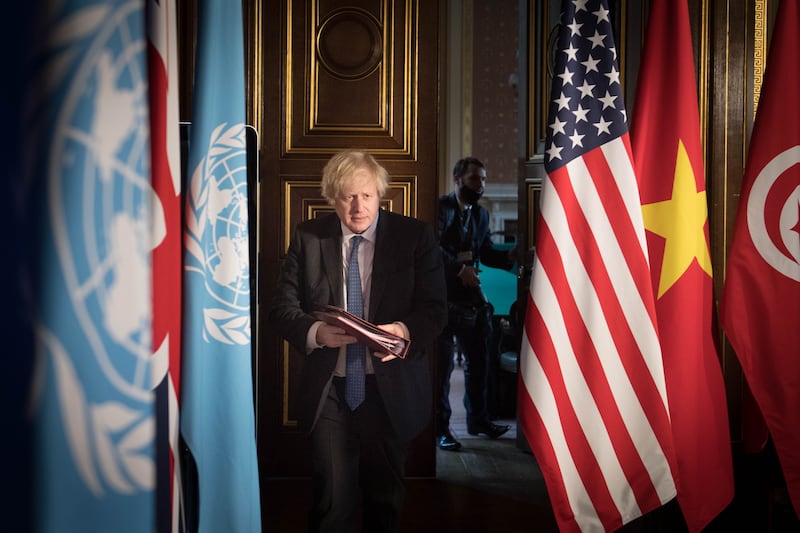 Mr Johnson chairs a session of the UN Security Council on climate and security at the Foreign, Commonwealth and Development Office on February 23, in London.