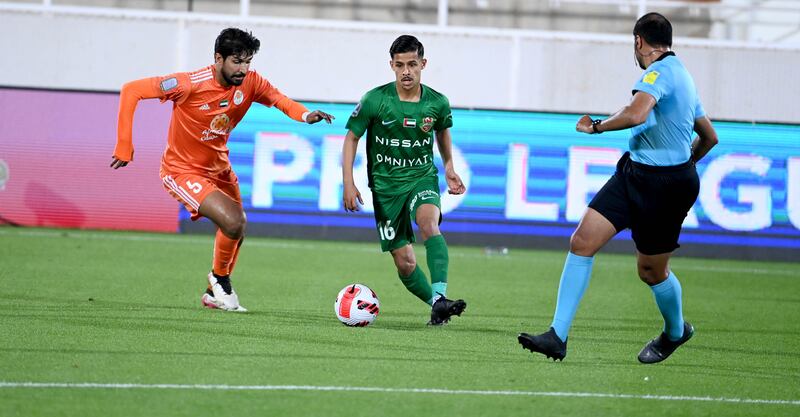 Shabab Al Ahli striker Mehdi Ghayedi, centre, scored the only goal in their 1-0 win over Ajman in the Pro League Cup quarter-finals at Rashid bin Saeed Stadium on Monday, January 3, 2022. Photo: PLC