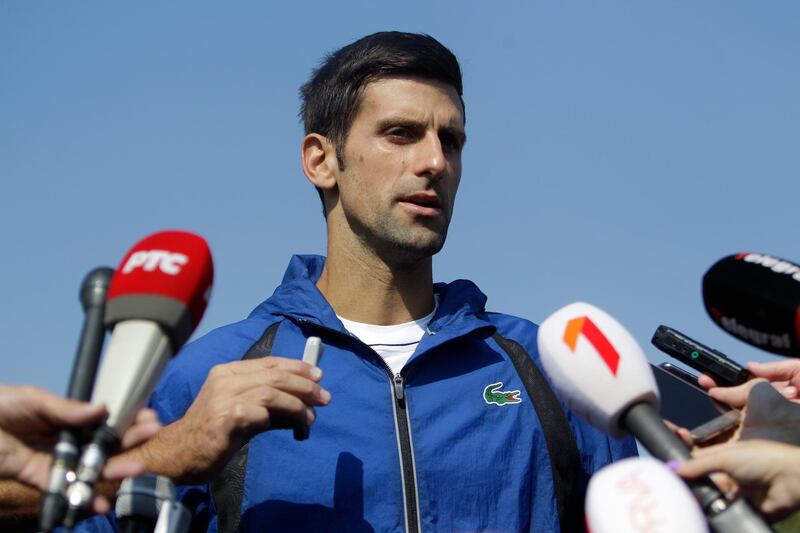 epa07061414 Novak Djokovic talks to the members of media during his open training session in Belgrade, Serbia, 01 October 2018.  EPA/ANDREJ CUKIC