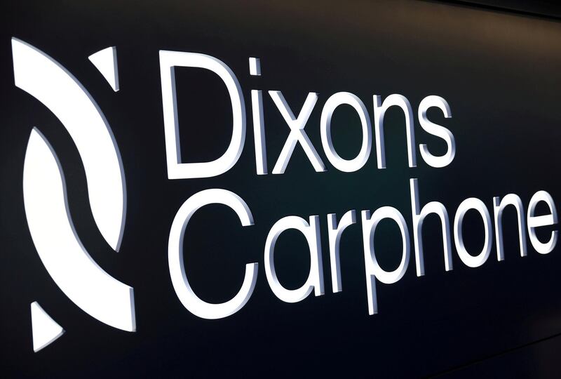 FILE PHOTO: A sign displays the logo of Dixons Carphone at the company headquarters in London, Britain August 1, 2017. REUTERS/Neil Hall/File Photo                 GLOBAL BUSINESS WEEK AHEAD