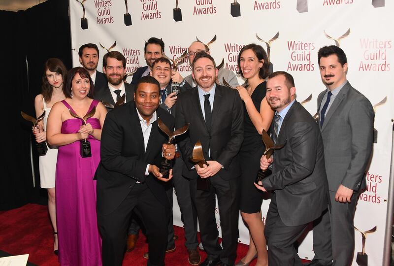 NEW YORK, NY - FEBRUARY 17:  Kenan Thompson, Jeff Maurer, Josh Gondelman, Daniel O'brian, Jill Twiss, Guest,  Owen Parsons and Dan Gurewitch attend the 71st Annual Writers Guild Awards New York ceremony at Edison Ballroom on February 17, 2019 in New York City.  (Photo by Nicholas Hunt/Getty Images for  Writers Guild of America, East)