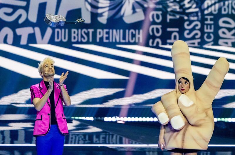 Jendrik from Germany, alongside a peace-loving friend, performs during rehearsals for the 65th annual Eurovision Song Contest at the Rotterdam Ahoy arena, in Rotterdam, The Netherlands. EPA