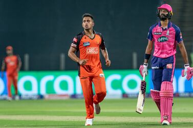 Umran Malik of the Sunrisers Hyderabad celebrates the wicket of Devdutt Padikkal of Rajasthan Royals during match 5 of the TATA Indian Premier League 2022 (IPL season 15) between the Sunrisers Hyderabad and the Rajasthan Royals held at the MCA International Stadium in Pune on the 29th March 2022

Photo by Vipin Pawar / Sportzpics for IPL
