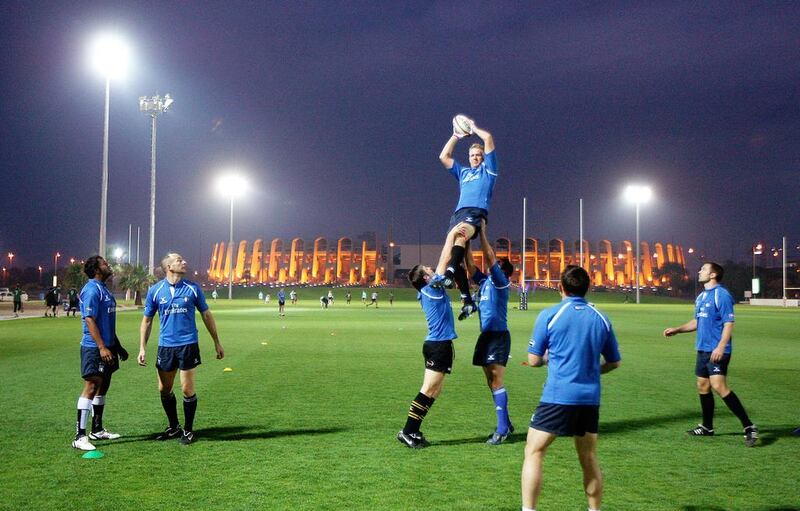 The UAE national rugby team, pictured training at Zayed Sports City on April 26, 2011, could have just one Test on their schedule this year as Asian rugby undergoes a revamp. Pawan Singh / The National