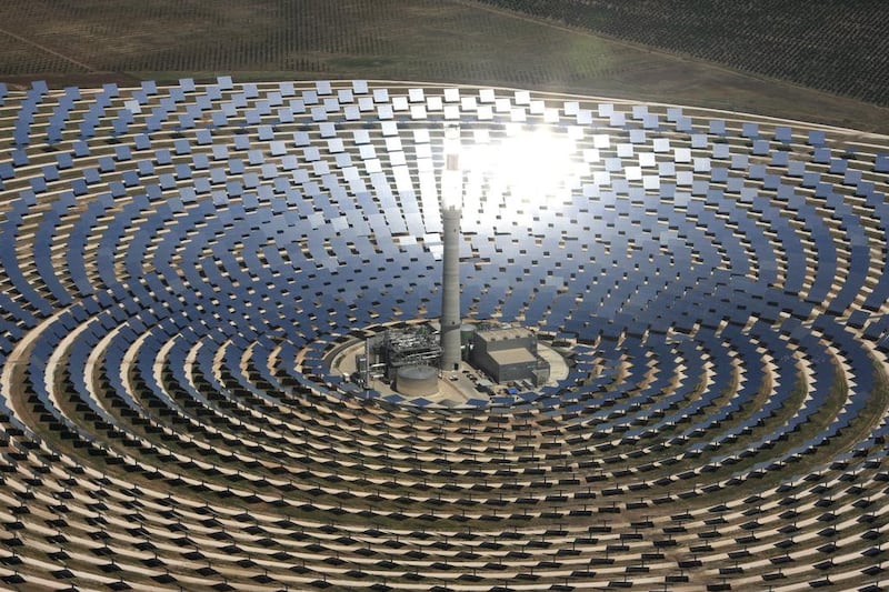 Gemasolar's unique technology can shrug off even the cloudiest days - energy stored when the sun shines lets it produce electricity even during the night. Courtesy Torresol Energy