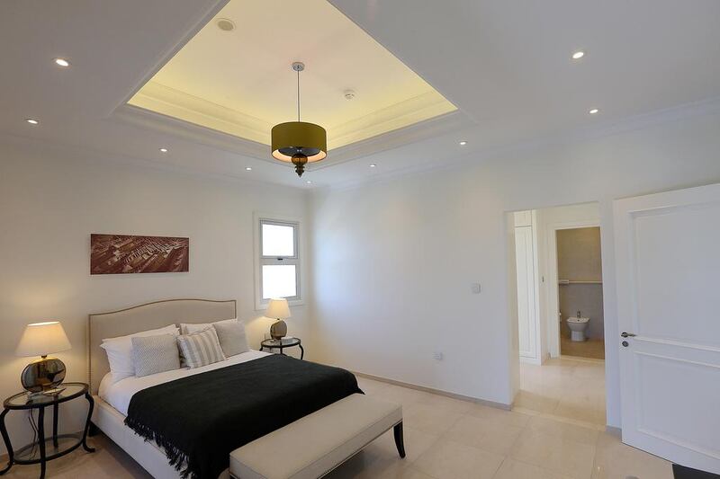 The Bedroom area on the first floor in a four-bedroom Mediterranean villa. With the smallest property a four-bedroom 6,200 sq ft villa, the least expensive option will cost around Dh16 million. Satish Kumar / The National
