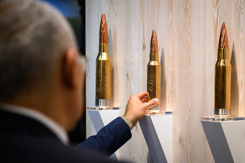 Large-scale replicas of Sig Sauer ammunition rounds. Getty Images
