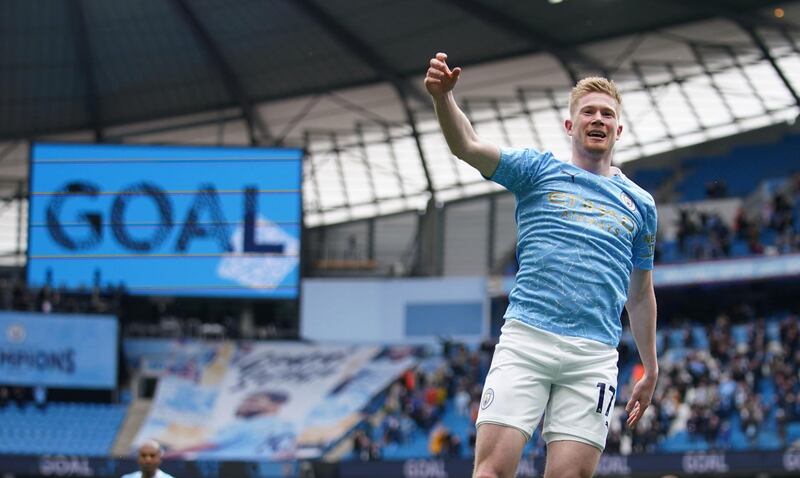 Soccer Football - Premier League - Manchester City v Everton - Etihad Stadium, Manchester, Britain - May 23, 2021 Manchester City's Kevin De Bruyne celebrates scoring their first goal Pool via REUTERS/Dave Thompson EDITORIAL USE ONLY. No use with unauthorized audio, video, data, fixture lists, club/league logos or 'live' services. Online in-match use limited to 75 images, no video emulation. No use in betting, games or single club /league/player publications.  Please contact your account representative for further details.