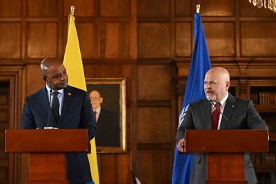Colombian Foreign Minister Luis Murillo and ICC prosecutor Karim Khan in Bogota in April. AFP