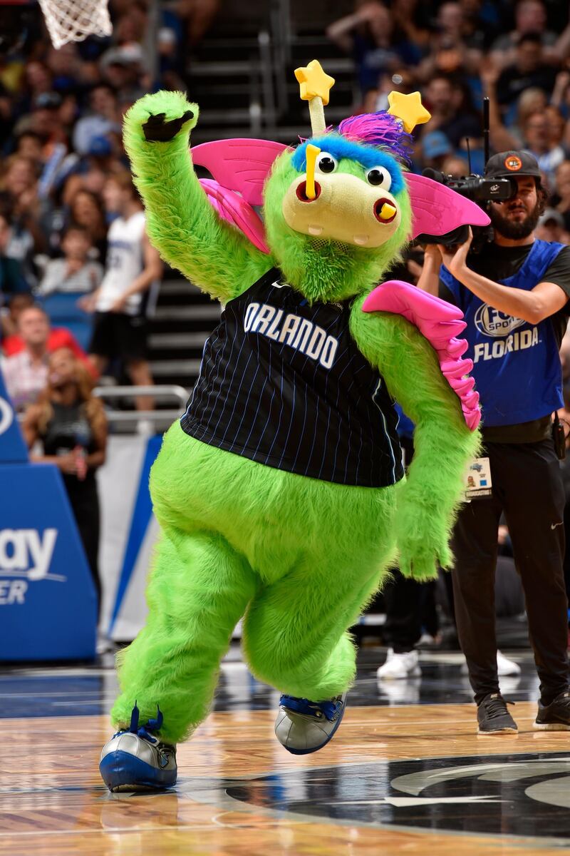 ORLANDO, FL - DECEMBER 30: The Orlando Magic mascot runs on the court during the game against the Atlanta Hawks on December 30, 2019 at Amway Center in Orlando, Florida. NOTE TO USER: User expressly acknowledges and agrees that, by downloading and or using this photograph, User is consenting to the terms and conditions of the Getty Images License Agreement. Mandatory Copyright Notice: Copyright 2019 NBAE   Gary Bassing/NBAE via Getty Images/AFP