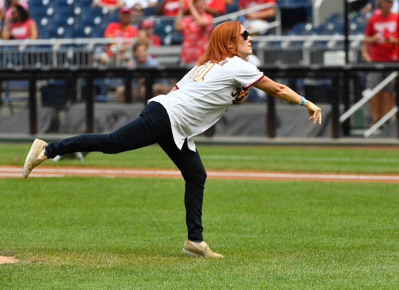 Ms Psaki throws out the ceremonial first pitch before the game between the Washington Nationals and the San Diego Padres at Nationals Park. Photo: USA TODAY Sports