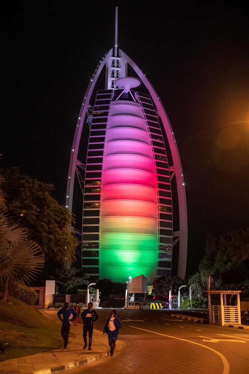 DUBAI UNITED ARAB EMIRATES. 18 NOVEMBER 2020. The Burj Al Arab lit up for the 50th Oman National Day celebrations (Photo: Antonie Robertson/The National) Journalist: Standalone. Section: National.
