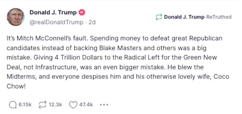 Mr Trump blamed Senate Minority Leader Mitch McConnell for Republicans' poor showing in the midterm elections. Photo: Screengrab from Truth Social
