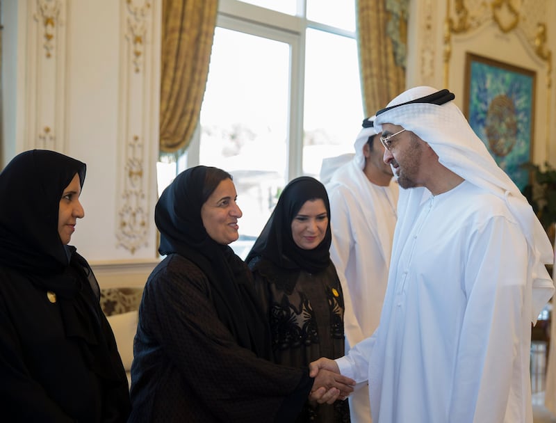 ABU DHABI, UNITED ARAB EMIRATES - August 30, 2016: HH Sheikh Mohamed bin Zayed Al Nahyan, Crown Prince of Abu Dhabi and Deputy Supreme Commander of the UAE Armed Forces (R), greets HH Sheikha Lubna Al Qasimi, UAE Minister of State for Tolerance (2nd L) on the occasion of Emirati Women's Day, during a Sea Palace barza. Seen with HE Dr Maitha Salem Al Shamsi, UAE Minister of State (L) and HE Dr Amal Abdullah Al Qubaisi, Speaker of the Federal National Council (FNC) (3rd L). 

( Mohamed Al Hammadi / Crown Prince Court - Abu Dhabi )
--- *** Local Caption ***  20160830MH_C092006.jpg