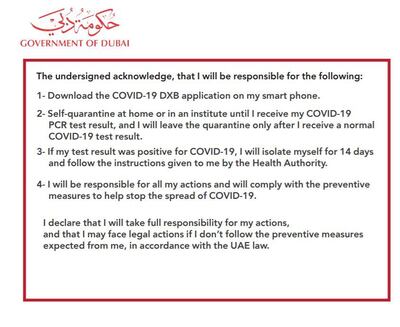 Travellers with Dubai as a final destination will be given ‘quarantine undertaking’ forms during their flight. Courtesy Emirates