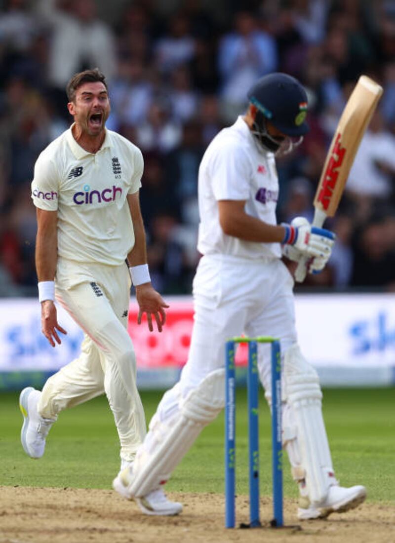 England bowler James Anderson celebrates taking the wicket of India captain Virat Kohli during Day 1 of the third Test at Headingley on Wednesday, August 25. Getty