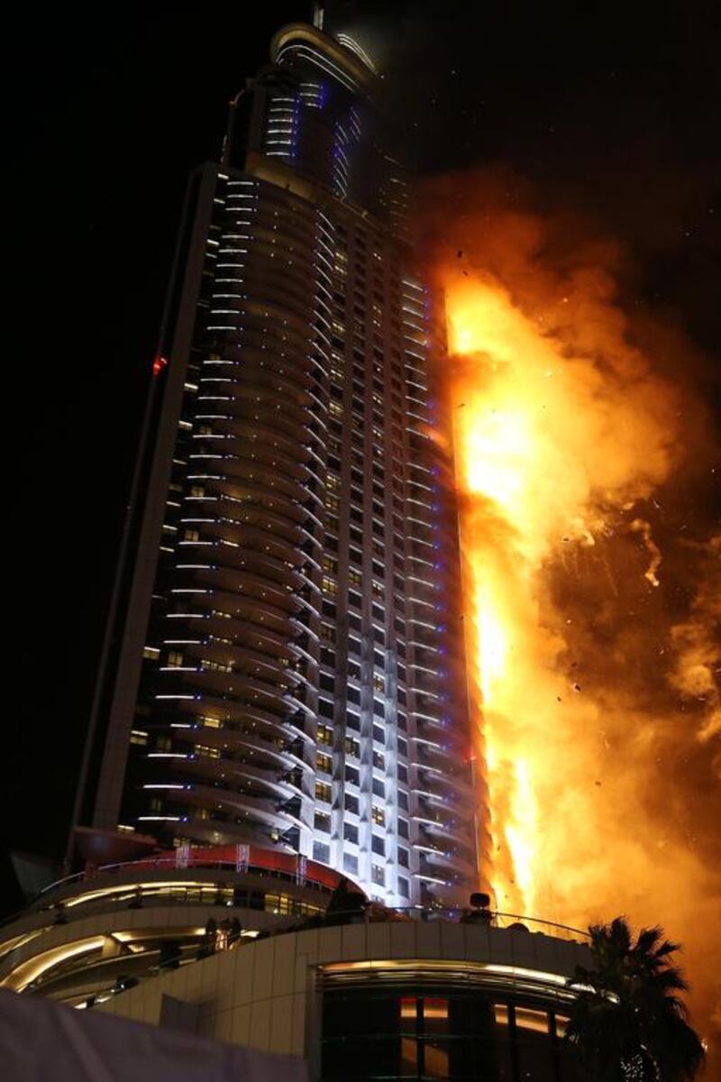 Fire broke out at the Address Downtown hotel at Dubai Mall in Dubai. Pawan Singh / The National