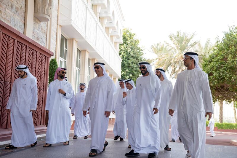 DUBAI, UNITED ARAB EMIRATES - November 03, 2018: (L-R) HH Sheikh Hamdan bin Mohamed Al Maktoum, Crown Prince of Dubai, HH Sheikh Tahnoon bin Zayed Al Nahyan, UAE National Security Advisor, HH Lt General Sheikh Saif bin Zayed Al Nahyan, UAE Deputy Prime Minister and Minister of Interior, HH Sheikh Nahyan Bin Zayed Al Nahyan, Chairman of the Board of Trustees of Zayed bin Sultan Al Nahyan Charitable and Humanitarian Foundation and HH Sheikh Mansour bin Zayed Al Nahyan, UAE Deputy Prime Minister and Minister of Presidential Affairs, attend a reception for the KhalifaSat engineering team, at Al Zabeel Palace.  

( Mohamed Al Hammadi / Crown Prince Court - Abu Dhabi )
---