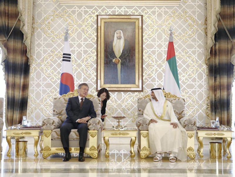 South Korean President Moon Jae-in meets Minister of Energy, Suhail Al Mazrouei. Wam