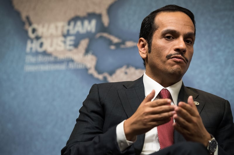 Qatari Foreign Minister, Sheikh Mohammed bin Abdulrahman Al-Thani looks on during a Chatham House think tank in London on July 5, 2017. 
Qatar's foreign minister called for "dialogue" on Wednesday to resolve the Gulf diplomatic crisis, accusing Arab states that have cut ties with Qatar of trying to undermine the nation's sovereignty. / AFP PHOTO / CHRIS J RATCLIFFE
