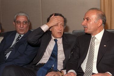 Algerian envoy Lakhdar Brahimi during the Taif talks between Lebanese politicians, with his hand on his forehead, September 29, 1989. The accord made Brahimi reputation as an international diplomat but entrenched a system of spoils that has brought the country to the verge of economic collapse, sparking the current upheaval. AFP