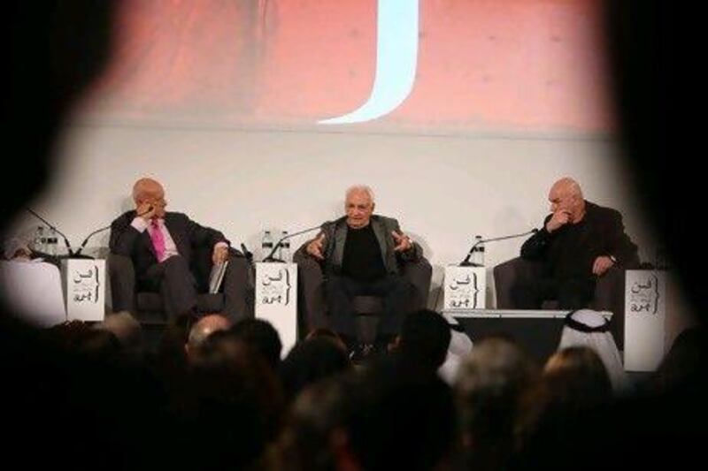 From left, Norman Foster, Frank Gehry and Jean Nouvel discuss the art of architecture at Manarat Al Saadiyat in Abu Dhabi. Pawan Singh / The National