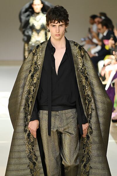One of the menswear looks that appeared on the Elie Saab haute couture runway, for autumn/winter 2022-23. Getty Images