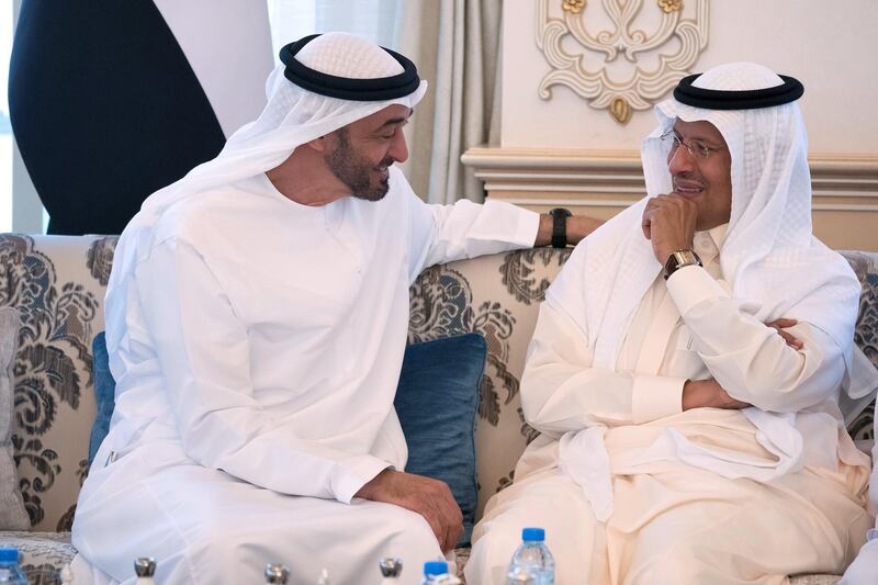 ABU DHABI, UNITED ARAB EMIRATES - September 09, 2019: H Sheikh Mohamed bin Zayed Al Nahyan, Crown Prince of Abu Dhabi and Deputy Supreme Commander of the UAE Armed Forces (L), receives HRH Abdul Aziz bin Salman Al Saud, Minister of Energy of Saudi Arabia (R), during a Sea Palace barza.

( Hamad Al Kaabi / Ministry of Presidential Affairs )​
---