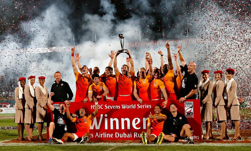 Dubai , United Arab Emirates, Dec 3 2011, UAE v Scotland, Sports Reporter Paul Radley  story- England Sevens Rugby team celebrate their wil over France in the Emirates airlenes Dubai Rugby Sevens. Mike Young / The National
