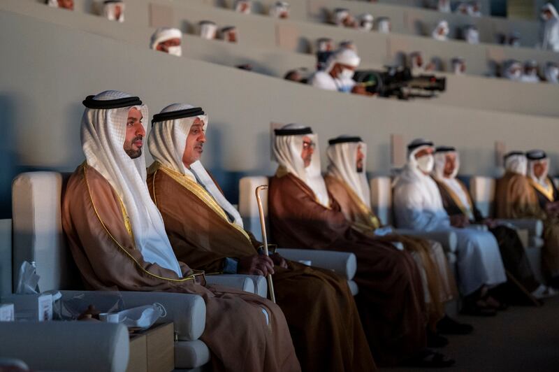 Sheikh Mohamed bin Hamad bin Tahnoon, chairman of Abu Dhabi Airport, left, and Sheikh Sultan bin Khalifa, adviser to the UAE President, second left.
