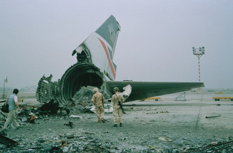 The wreckage of flight BA149 at the airport in Kuwait City. The plane was destroyed on the ground when empty. Getty Images
