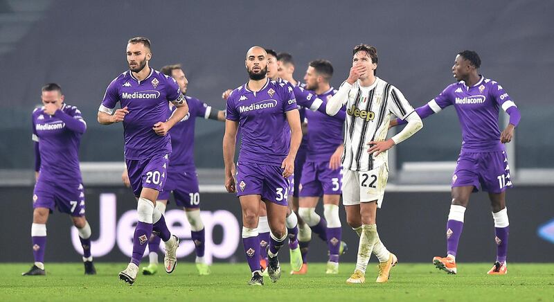Fiorentina's players celebrate the second goal against Juventus. EPA