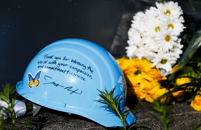 A Habitat for Humanity hardhat left by chief executive Jonathan Reckford as a memorial to late first lady. EPA