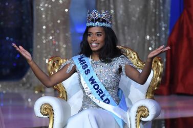 epa08071883 Miss World 2019, Miss Jamaica Toni-Ann Singh reacts after being crowned by during the final in the Excel centre in London, Britain, 14 December 2019. The annual Miss World competition returns to London for its 69th year. EPA/FACUNDO ARRIZABALAGA