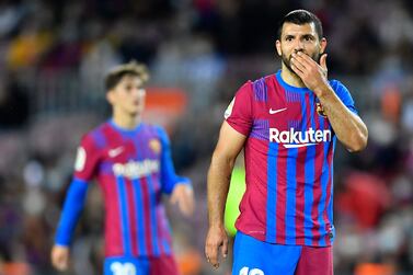 Barcelona's Argentinian forward Kun Aguero reacts during the Spanish League football match between FC Barcelona and Deportivo Alaves at the Camp Nou stadium in Barcelona on October 30, 2021.  (Photo by Pau BARRENA  /  AFP)