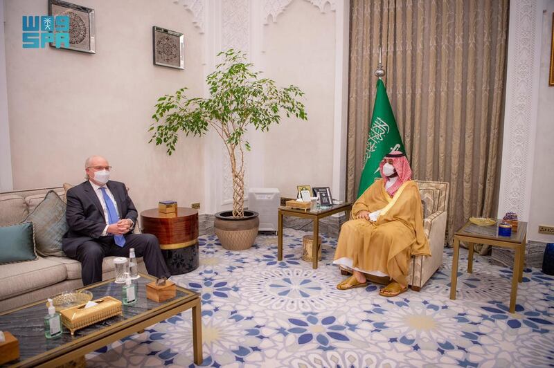 Saudi Crown Prince Mohammed bin Salman meets with US Special Envoy for Yemen Tim Lenderking. SPA