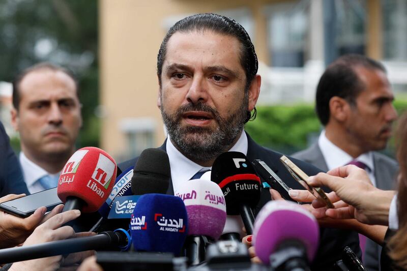 epa07012143 Lebanese Prime Minister Saad Hariri speaks to the press in front of the Special Tribunal for Lebanon after the presentation of closings arguments in the trial of four Hezbollah suspects accused of the 2005 assassination of the Lebanese Prime Minister Rafiq Hariri, in The Hague, The Netherlands, 11 September 2018.  EPA/BAS CZERWINSKI / POOL